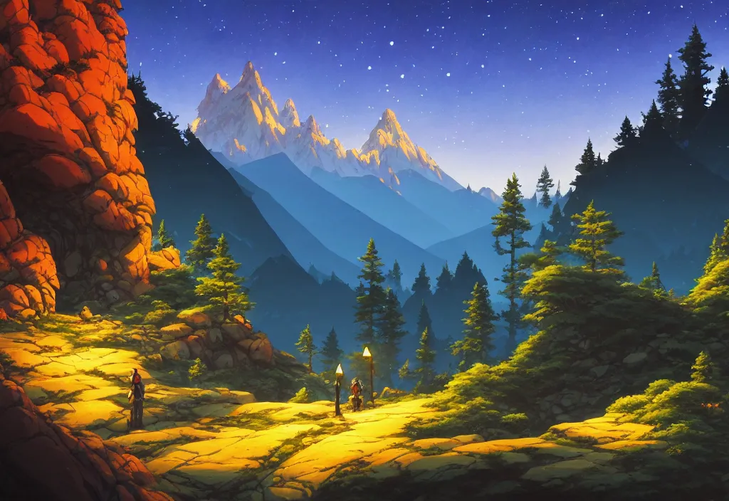 Image similar to mountains background with pines at night, rocks, trees, castle, night sky, intricate oil painting, high detail illustration, sharp high detail, manga and anime 1 9 9 9, official fanart behance hd artstation by jesper ejsing and makoto shinkai, 4 k,