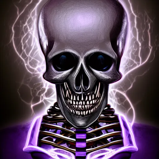 Image similar to a detailed portrait of a fancy skeleton with expressive features and metallic teeth, metal teeth, longshot, full portrait, skeleton in a suit, purple glowing eyes, fantasy art