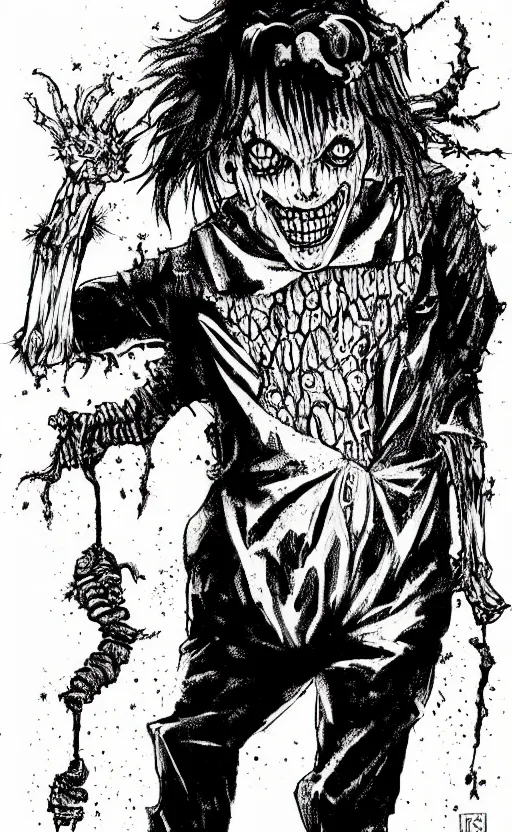 Image similar to full body portrait of villainous jester, dark, twisted, manga, comic, by junji ito. twisted. horror.