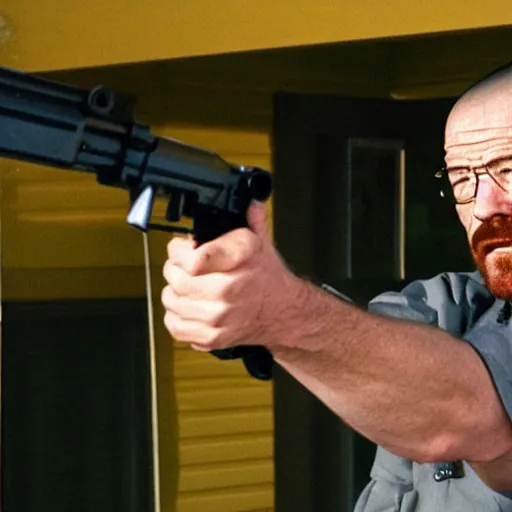 Prompt: photo of walter white firing a machine gun, yelling