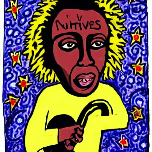 Image similar to miles davis in the style of daniel johnston, outsider art