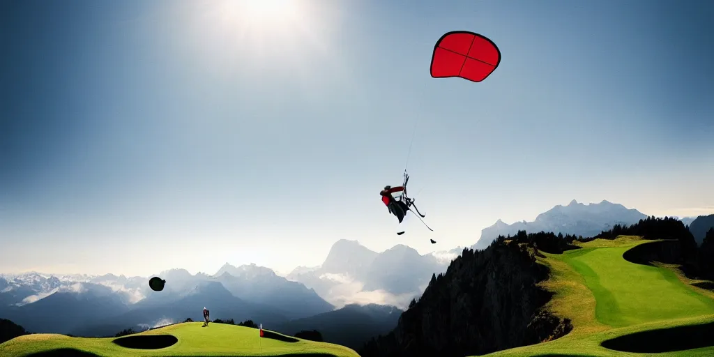 Image similar to a great photograph of the most amazing golf hole in the world, hangglider, perfect light, over a cliff, in the swiss alps, high above treeline, ambient light, 5 0 mm, golf digest, top 1 0 0, fog