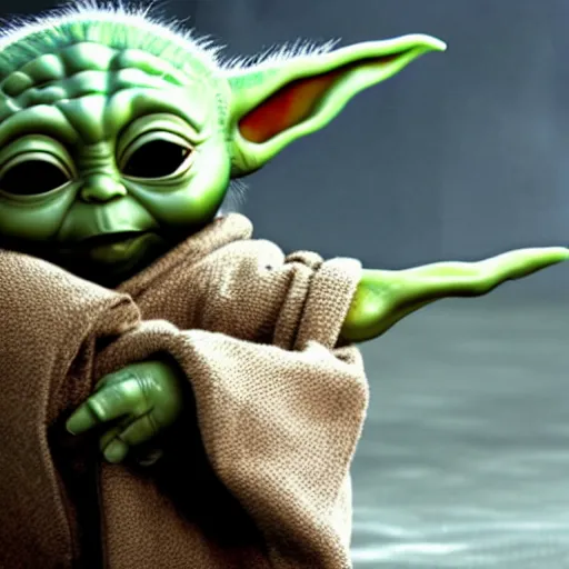 Image similar to A film still of Baby Yoda as a apocalyptic fully trained jedi realistic,detailed