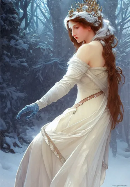 Image similar to snow queen, intricate, elegant, highly detailed, digital painting, artstation, concept art, smooth, sharp focus, illustration, art by artgerm and greg rutkowski and alphonse mucha and william - adolphe bouguereau