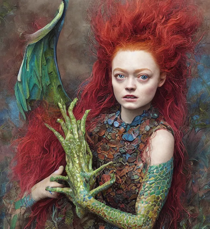 Image similar to a portrait photograph of sadie sink as a colorful harpy super hero with slimy reptile skin. she is trying on a amphibian organic catsuit and transforming into a feathered alien beast. by tom bagshaw, donato giancola, hans holbein, walton ford, gaston bussiere, peter mohrbacher and brian froud. 8 k, cgsociety