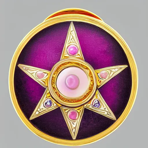 Prompt: a photo of the lid of a circular, basse-taille pink enamel over guilloché vintage powder compact with an inlaid gold pentagram that has a different colored gem stone at each point and a large, round cabochon in the middle encircled by a gold crescent moon inlay. House of Fabergé.