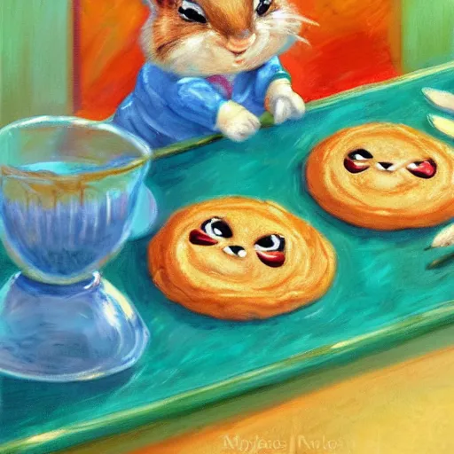 Image similar to ! dream chipmunks in a kitchen baking cookies, vintage kitchen, monet, painting, impressionism, chipmunk animal, baking cookies, colorful, accurate, artstation award, concept art