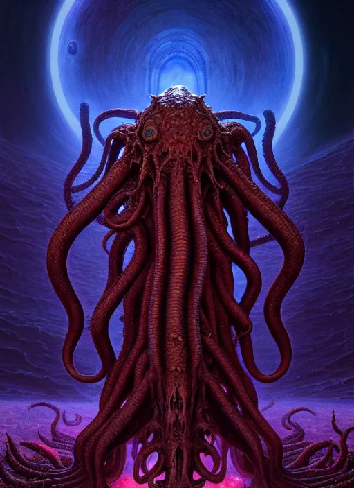 Image similar to symmetry!! stunning monstrous cosmic horror cthulhu with space in the background!! lovecraftian horror, cosmic space horror!! cinematic lighting, muted colours, digital art, winning award masterpiece, fantastically beautiful, aesthetically inspired by wayne barlowe and gerald brom, trending on artstation, art by greg rutkowski, octane render, unreal engine, 8 k