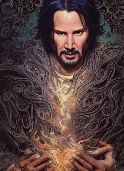 Prompt: keanu reeves as sandman elemental, with fingers and hair turning into smoke, fantasy, intricate, elegant, highly detailed, digital painting, artstation, concept art, wallpaper, smooth, sharp focus, illustration, art by artgerm and greg rutkowski and alphonse mucha