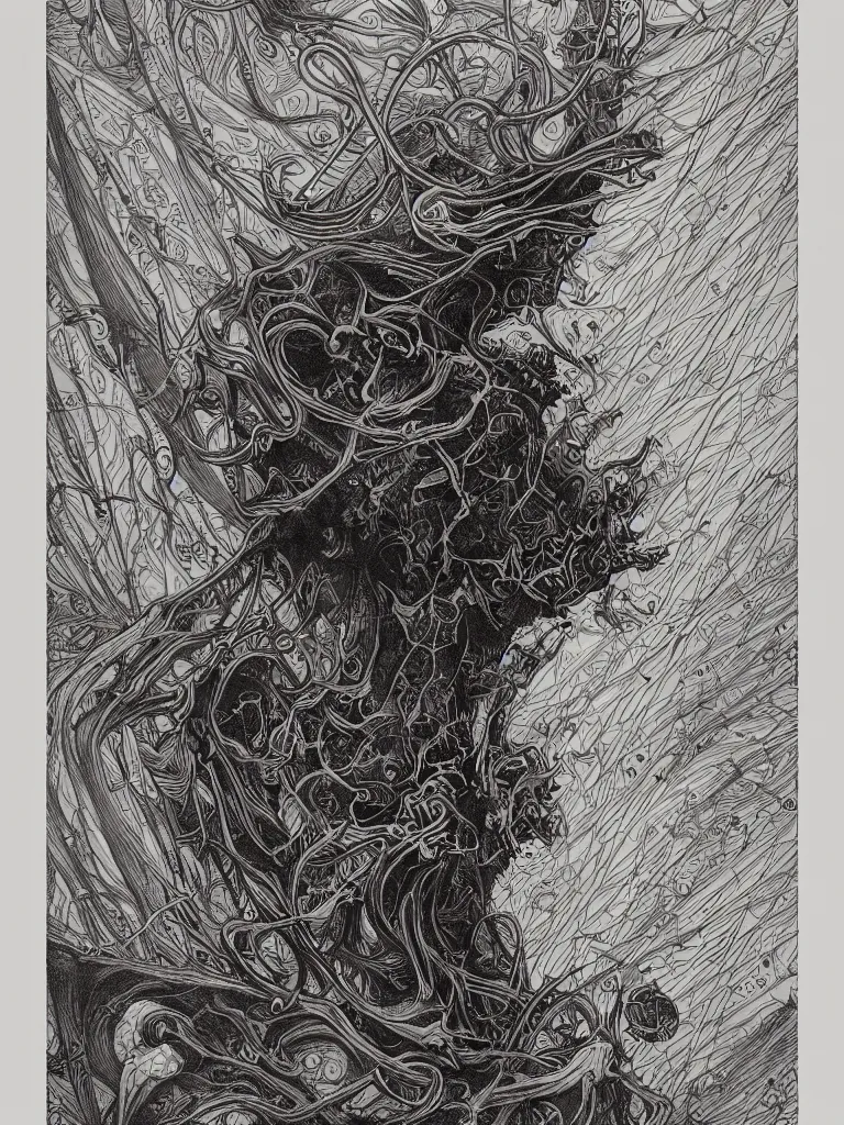 Image similar to The Abyss tarot card, Gothic aesthetic, cardstock, detailed linework, geometrical shapes, black paper, ornate, symmetrical, arcane tarot card, ink illustration, in the style of peter mohrbacher, beksinski and Yoshitaka Amano,