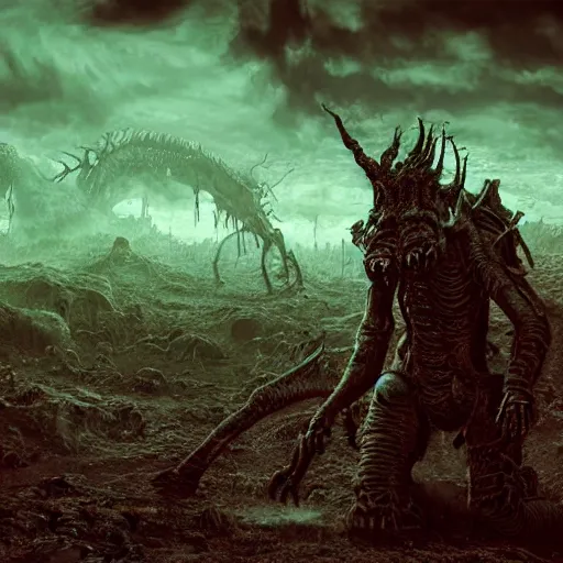 Image similar to photorealistic eldritch deathclaw in a post apocalyptic wasteland in the style of michael whelan and gustave dore. hyperdetailed photorealism, 1 0 8 megapixels, amazing depth, high resolution, 3 d shading, 3 d finalrender, 3 d cinematic lighting, glowing rich colors, psychedelic overtones, artstation concept art.