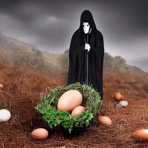 Prompt: stunning nature photo of grim reaper protecting its eggs, national geographic, photorealistic, 8K