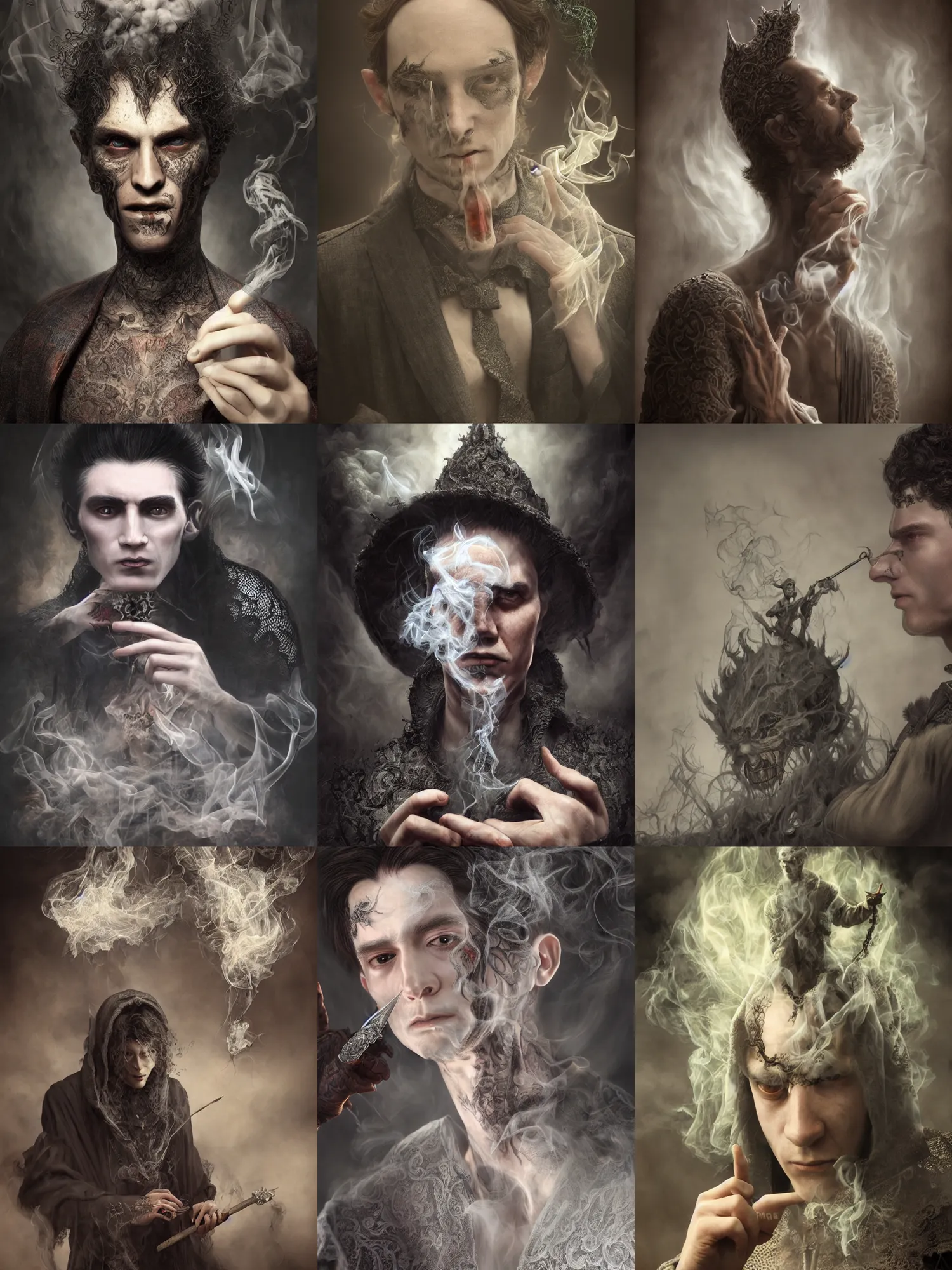 Prompt: a young man, evil wizard, victorian manor, hyperrealism, octane render, extremely detailed, intricate smoke magic, lace, style of mark ryden, earl nore, hyung tae, frank frazetta