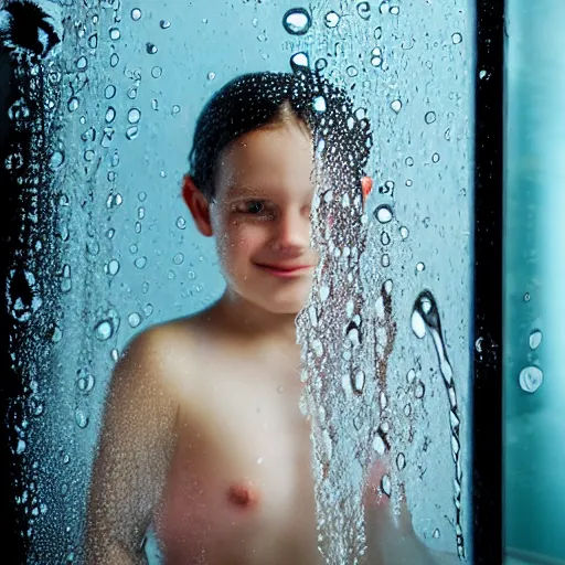 Prompt: girl behind frosted glass with water drops and steam, shower