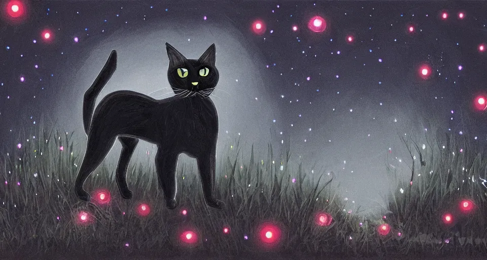 Prompt: black cat with glowing eyes walking around in a very dark open field at midnight with fireflies in the air and lots of stars in the sky, digital painting, highly detailed, magical, beautiful