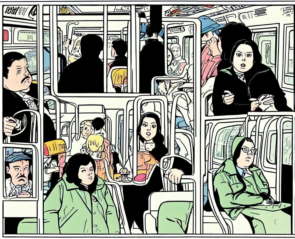 Prompt: comic panel drawn in the style of Daniel Clowes and Adrian Tomine and Gabrielle Bell, of a sad woman in a parka who looks like Aubrey Plaza, sitting near a slightly overweight friendly middle-aged German businessman in a suit, with short blond hair and mustache, in a mostly empty Chicago subway train, full-figure ¾ angle