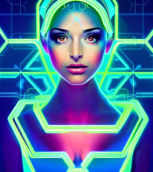 Image similar to symmetry!! latin princess of technology, solid cube of light, hard edges, product render retro - futuristic poster scifi, lasers and neon circuits, beautiful woman latin princess, intricate, elegant, highly detailed, digital painting, artstation, concept art, smooth, sharp focus, illustration, dreamlike, art by artgerm