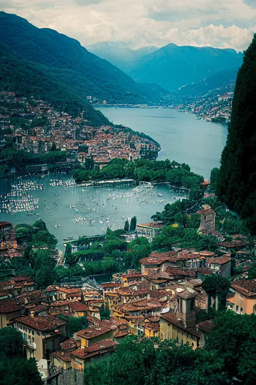 Image similar to Photo of Lake Como, wide shot, daylight, blue sky, summer, dramatic lighting, award winning, highly detailed, medium format photography, cinestill 800t.