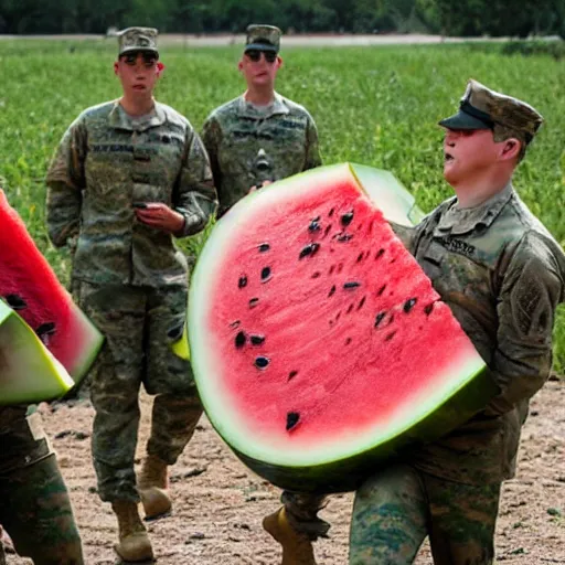 Prompt: The military was called in to try to stop the giant watermelon, but their weapons had no effect on it. The watermelon just kept coming, smashing everything in its path. , Film scene