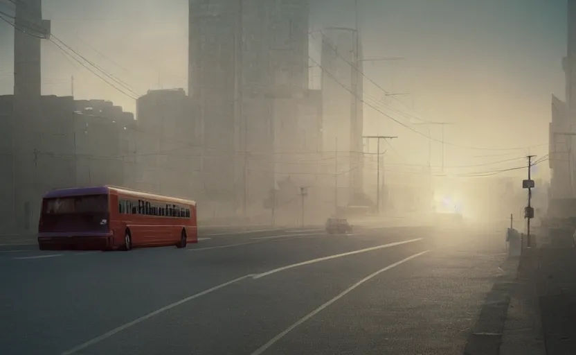 Image similar to exterior traveling greyhound bus circa 2 0 1 5, directed by charlie kaufman ( 2 0 0 1 ) anamorphic lenses, foggy volumetric light morning, cinematic trending on artstation in the style of greg rutkowski