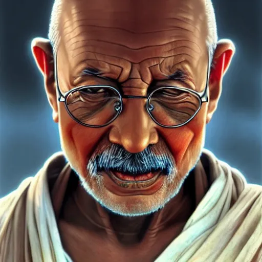 Image similar to a photorealistic portrait of ghandi as a jedi in star wars cinematic lighting, photorealistic, octane render, 8 k, depth of field, 3 d, art by artgerm and greg rutkowski and alphonse mucha and uang guangjian and gil elvgren and sachin ten