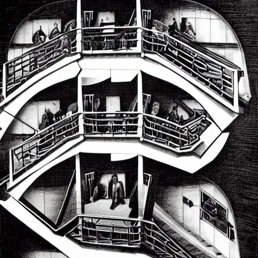 Image similar to a man falling down the stairs in an M.C Escher painting