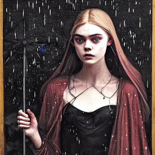 Prompt: a striking esoteric painting of Elle Fanning in the rain, dark, metal, black background, occult, by John William Waterhouse