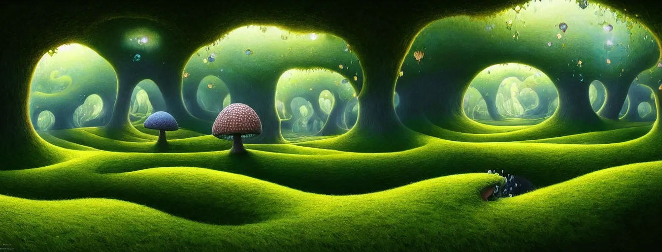 Image similar to gediminas pranckevicius beautiful and stunning professional digital artwork of a glowing mushroom cave haze spores floating in the air vines flow water volumetric lighting, hyperrealistic, rtx on, ultra detail, barlowe wayne, maxfield parrish and marco mazzoni, holes, infinite mirror, fragments | no signature!