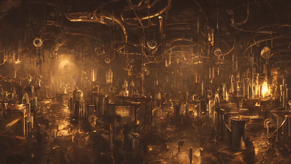 Prompt: dark wizards laboratory, ancient midevil, many tubes connecting many beakers, bronze steril feeling, realistic cinematic lighting, establishing action shot, ultra detailed, hyper realism, photo, octane render, 4k