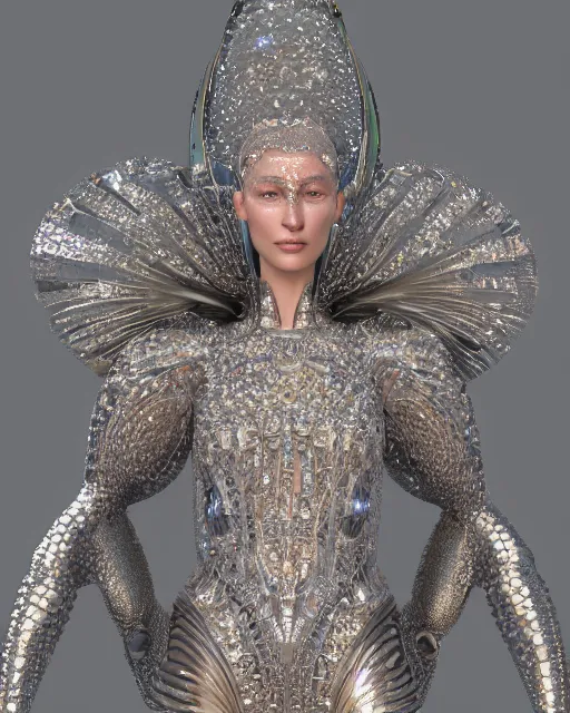 Image similar to a highly detailed metahuman 4 k close up render of a bella hadid as religious monument renaissance in iris van herpen dress schiaparelli in diamonds crystals swarovski and jewelry iridescent in style of alphonse mucha gustav klimt trending on artstation made in unreal engine 4