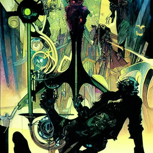 Image similar to cyberpunk dreaming by dave mckean and alphonse mucha and bill sienkiewicz