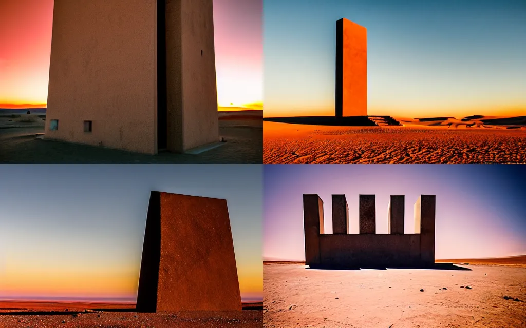 Prompt: brutalist soviet intricate monolith in the atacama desert. sunset. kodak. cinematic. raw. wide angle. long shot.