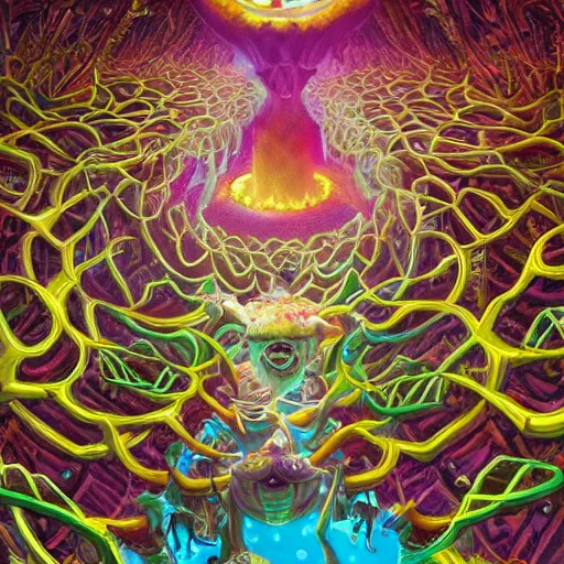 Image similar to dmt-machine-elves by artist-Nathan-Spoor, crawling across the circus floor, climbing up the winding trees