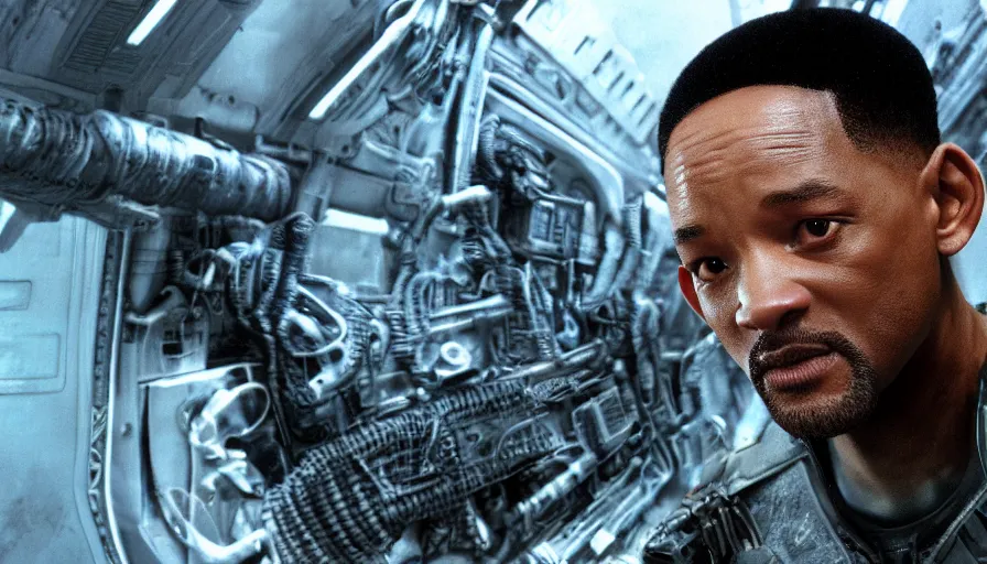 Image similar to film still of will smith in aliens by ridley scott, hyperdetailed, artstation, cgsociety, 8 k