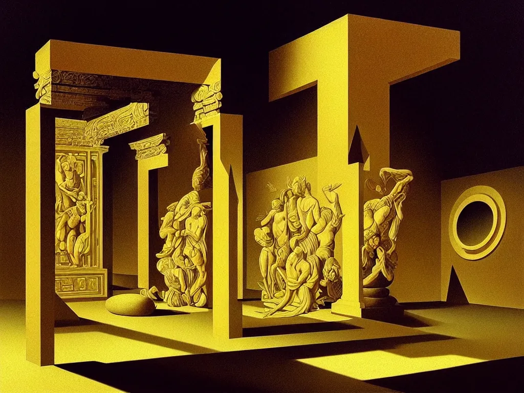 Prompt: hyperrealistic still life portrait of a mind exploding inside of a serene temple, beautiful plans, sacred geometry, light refracting through prisms in a tesseract, by caravaggio, botanical print, surrealism, vivid colors, serene, golden ratio, rule of thirds, negative space, minimalist composition