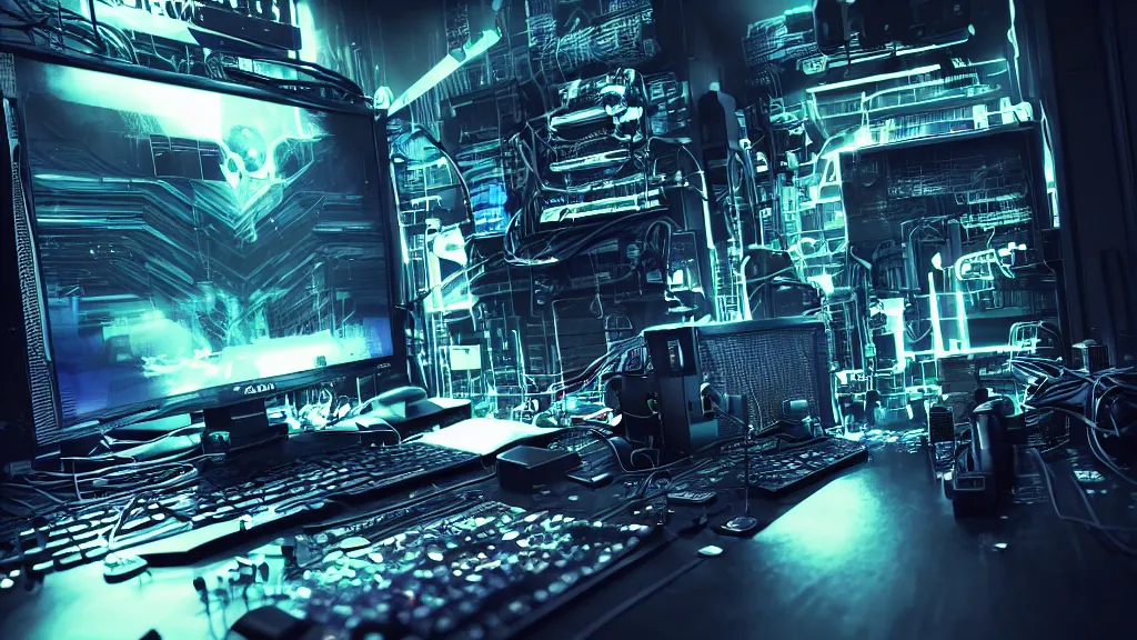 Prompt: a cyberpunk overpowered computer. Overclocking, watercooling, custom computer, cyber, mat black metal, orange neon stripes, alienware, futuristic design, Beautiful dramatic dark moody tones and lighting, Ultra realistic details, cinematic atmosphere, studio lighting, shadows, dark background, dimmed lights, industrial architecture, Octane render, realistic 3D, photorealistic rendering, 8K, 4K, computer setup, intricate details