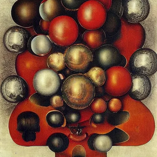 Prompt: chrome spheres on a red cube by giuseppe arcimboldo