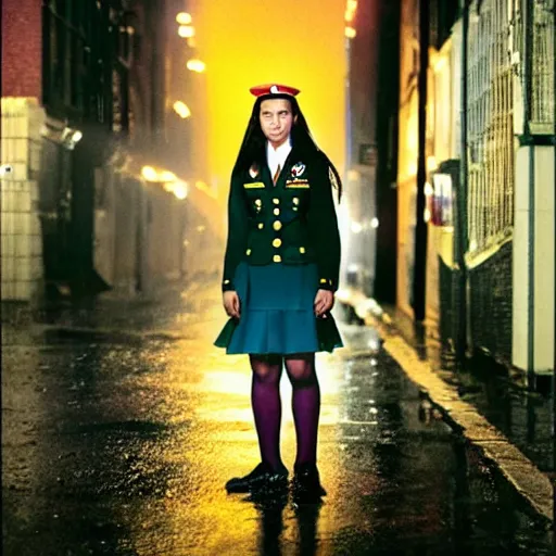 Image similar to night flash portrait photography of a high school girl in uniform on the lower east side by annie leibovitz, colorful, nighttime!, raining!