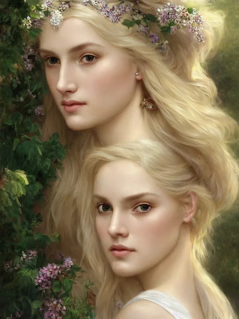 Prompt: 3/4 close up face Portrait of a beautiful Swedish princess in garden, white top, blond hair, piercing, intricate, elegant, highly detailed, artstation, concept art, intricate, highly detailed, sharp focus, exotic, orientalism, bouguereau, art by Artgerm and greg rutkowski and alphonse mucha