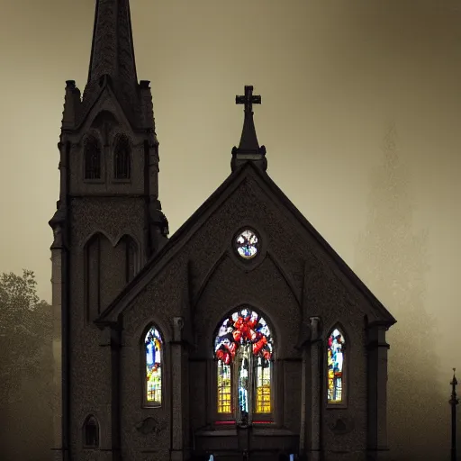 Image similar to victorian church in the middle of the city, dark, misty, at night, 8 k, detailed, concept art, trending on artstation