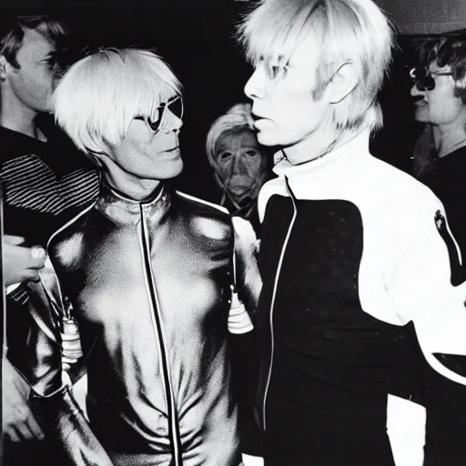 Prompt: Andy Warhol wearing a spacesuit talking to David Bowie at a party. Candid photo, flash, 1966, 35mm, by Andy Warhol.