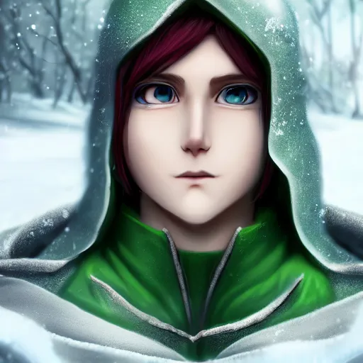 Image similar to elf boy render as a very beautiful 3d anime boy, silver hair, azur green eyes, full round face, belly free Cloak, short smile, in snow, cinematic lightning, medium shot, mid-shot, highly detailed, trending on Artstation, Unreal Engine 4k, cinematic wallpaper