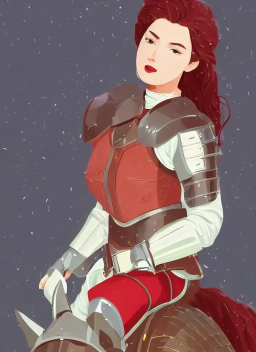 Prompt: a young woman in full plate armor with beautiful hair and red lips on a horse. she is a knight. clean cel shaded vector art. shutterstock. behance hd by lois van baarle, artgerm, helen huang, by makoto shinkai and ilya kuvshinov, rossdraws, illustration, art by ilya kuvshinov