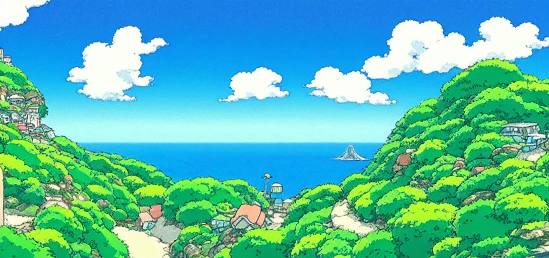 Image similar to studio ghibli hilly countryside and ocean