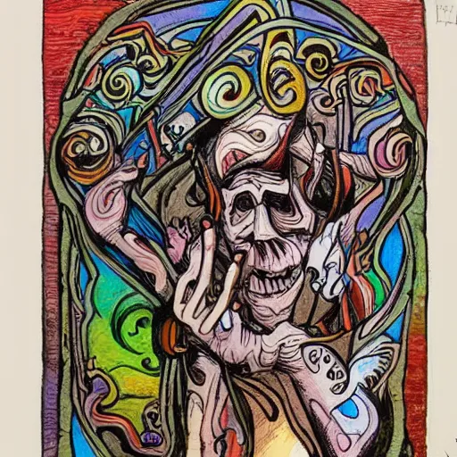 Image similar to hunchback death pilgrimage, in the style of tom jung, colourful hand drawing, beautiful faces, dramatic, tragic, intricate, detailed, beautiful