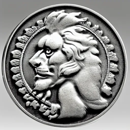 Prompt: a commemorative silver coin depicting a noble lion