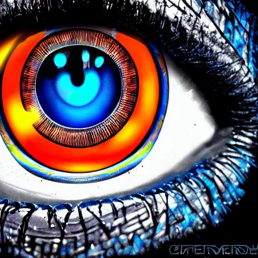 Image similar to Cybernetic Eye with intricate reflections, Close up, colorful, fantasy, vivid colors, concept art, sharp focus, digital art, Hyper-realistic, 4K, Unreal Engine, Highly Detailed, HD, Dramatic Lighting by Brom, trending on Artstation