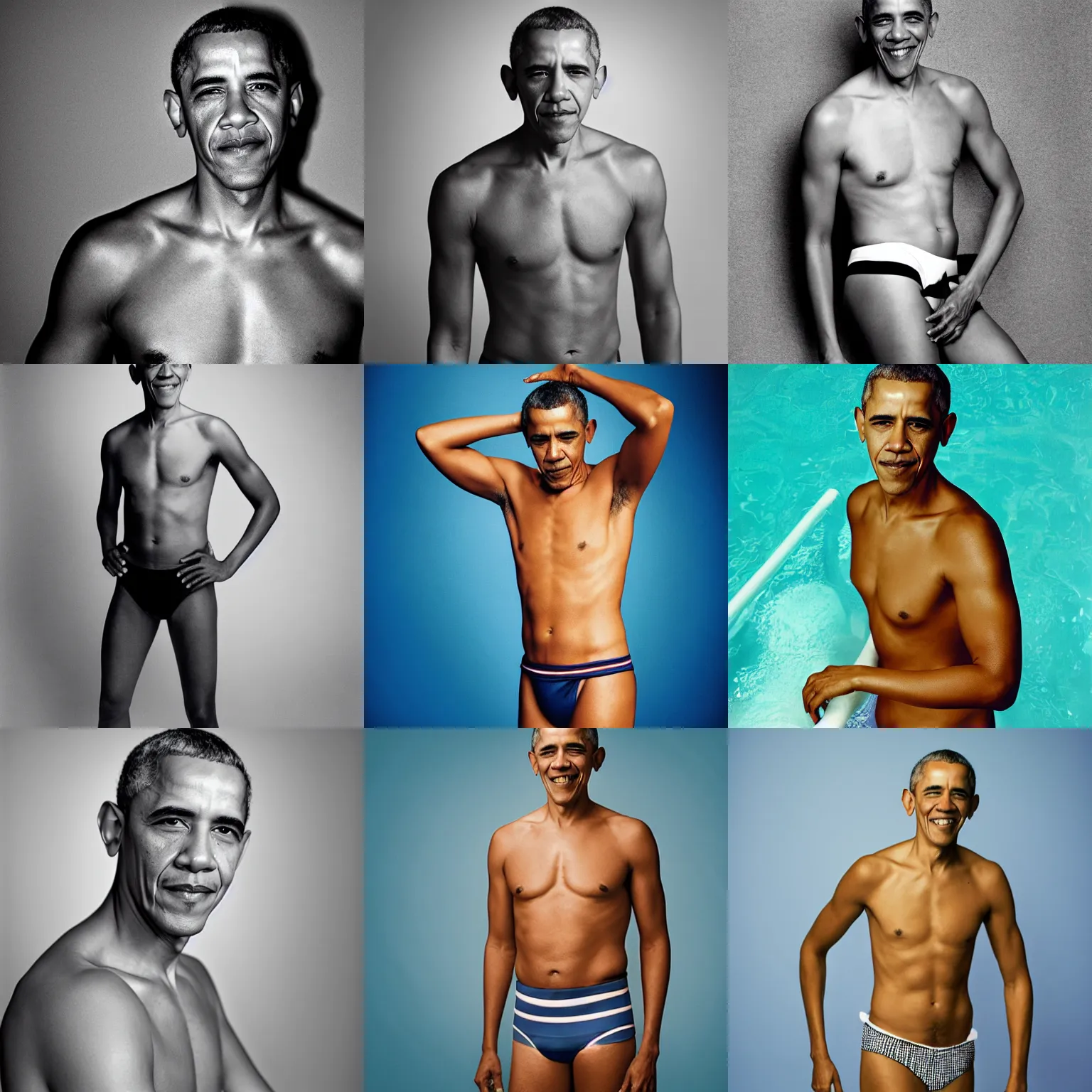 Prompt: Photo of Barack Obama in swimsuit, soft studio lighting, photo taken by Martin Schoeller for Abercrombie and Fitch, award-winning photo, 24mm f/1.4