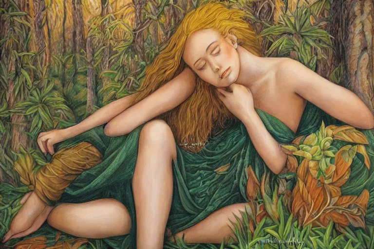 Image similar to a beautiful girl relaxing in the forest by amanda sage, portrait,