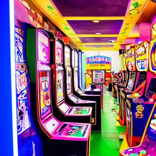 Prompt: A busy arcade in the 80's, power glove, nintendo, 80s pop culture,, perfect face, intricate, Sony a7R IV, symmetric balance, polarizing filter, Photolab, Lightroom, 4K, Dolby Vision, Photography Award